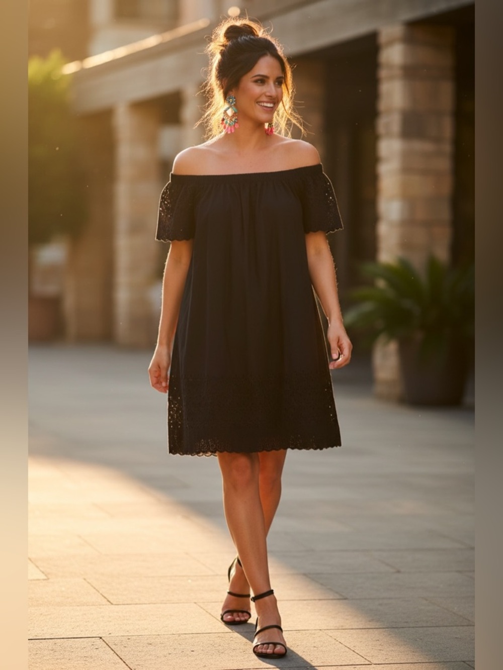 Donna Morgan Black Off-Shoulder Eyelet Dress